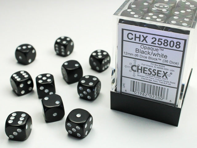 CHX25808 Opaque Black with White pips of 36 6-sided 12mm dice image 0
